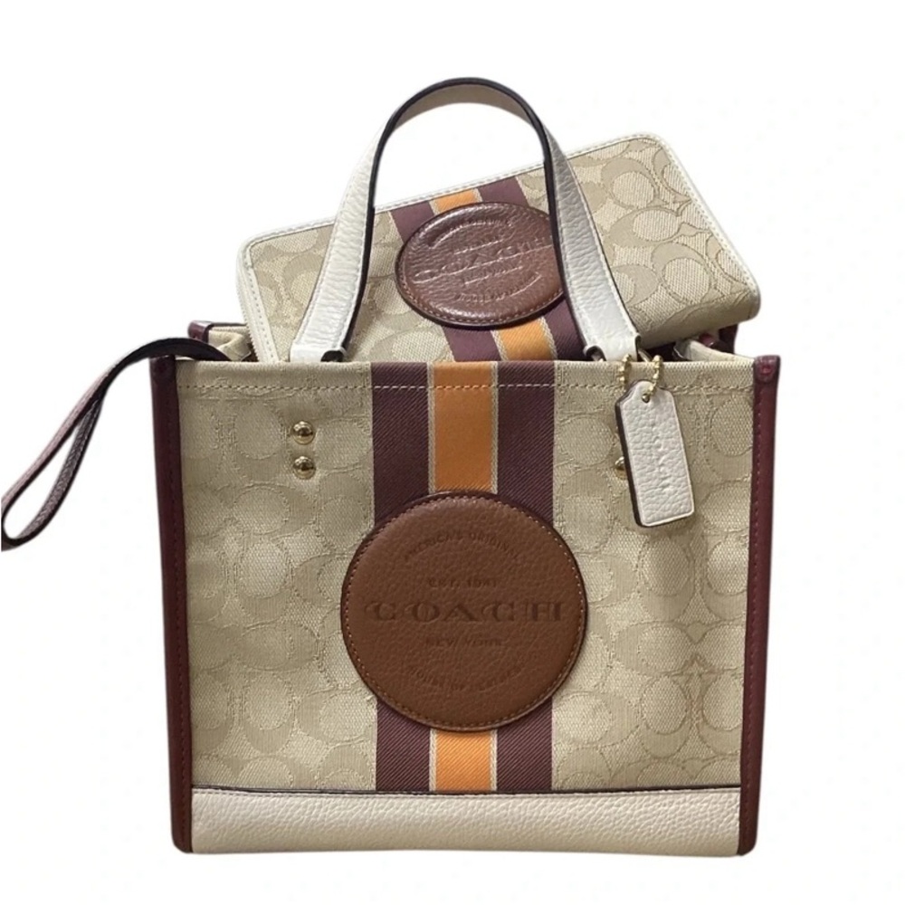 RARE! Matching Set COACH Signature Logo Light Khaki Wine Totes Bag Purses Wallet